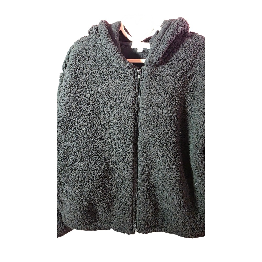 PJ Salvage Womens Sherpa Zip Up Hoodie Black Oversized Faux Fur Jacket Large NWT - Picture 2 of 9